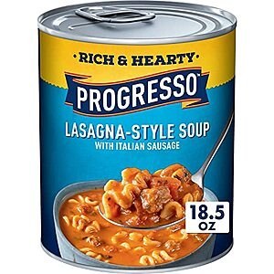 $1.58* | 18.5-Oz Progresso Rich & Hearty Lasagna-Style Soup w/ Italian Sausage at Amazon